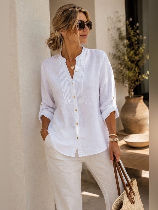 Charter Club Tops - Charter Club Luxury White Linen Pintuck Roll Tab Button Front Blouse M